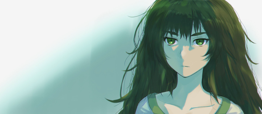 1girl collarbone expressionless green_eyes green_hair highres hiyajou_maho long_hair menomorute messy_hair portrait shirt simple_background solo steins;gate steins;gate_0 thick_eyebrows white_background