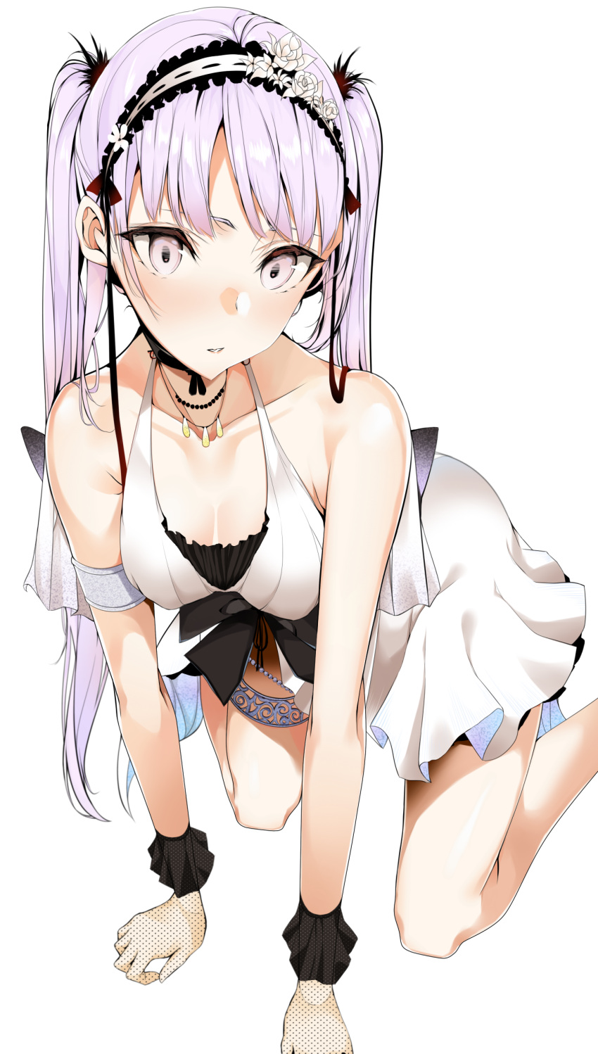 1girl absurdres armlet bangs breasts cleavage collarbone dress euryale fate/grand_order fate_(series) flower frilled_hairband frills hair_ornament hairband headdress highres jewelry long_hair looking_at_viewer necklace nue0 purple_hair simple_background solo strapless strapless_dress twintails violet_eyes white_background