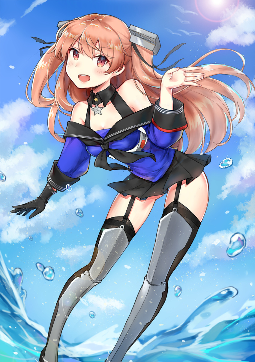 1girl black_gloves black_legwear black_sailor_collar black_skirt blue_shirt blue_sky breasts character_name cleavage clouds day feet_out_of_frame garter_straps gloves highres johnston_(kantai_collection) kantai_collection leaning_forward lens_flare light_brown_hair long_hair medium_breasts off_shoulder open_mouth outdoors pleated_skirt red_eyes round_teeth sailor_collar school_uniform serafuku shin_guards shirt single_glove skirt sky smile solo splashing standing teeth thigh-highs tokikouhime two_side_up upper_teeth water