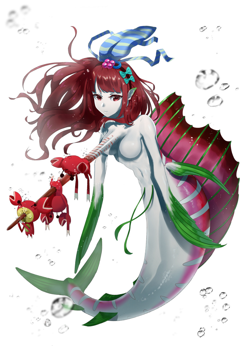 1girl absurdres bubble crab fins full_body green_skin hair_ribbon hairband highres impaled long_hair looking_at_viewer mermaid monster_girl multicolored multicolored_skin no_hands no_nipples original pointy_ears red_eyes red_skin redhead ribbon shiny shiny_skin solo taiga_(ryukyu-6102-8) underwater white_background white_skin