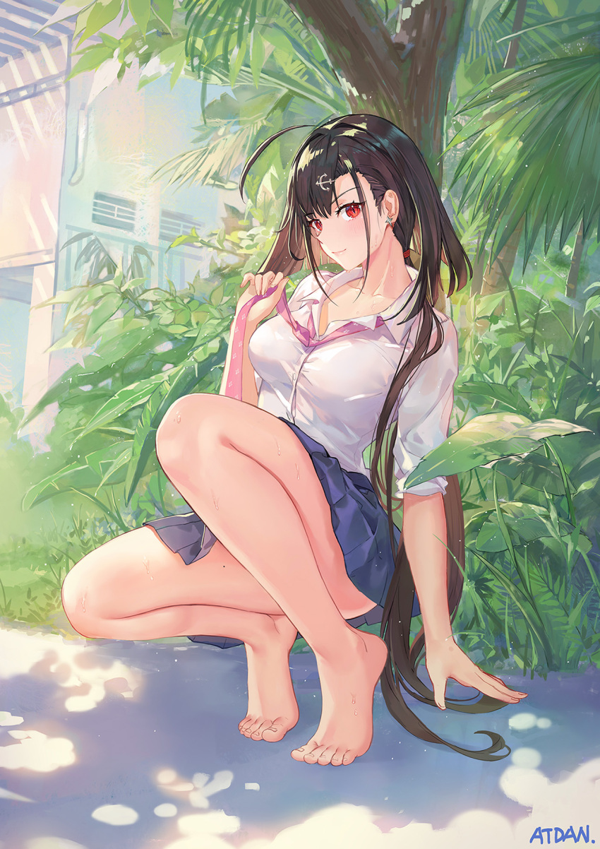 1girl ahoge anchor_hair_ornament artist_name atdan azur_lane bare_legs barefoot black_hair blue_skirt blush breasts closed_mouth collarbone collared_shirt convenient_leg day earrings feet full_body hair_ornament hand_up highres independence_(azur_lane) jewelry large_breasts light_particles long_hair looking_at_viewer miniskirt mole mole_on_thigh nature outdoors pink_neckwear pleated_skirt red_eyes revision shirt skirt sleeves_pushed_up slit_pupils smile solo squatting sweat thighs tree tree_shade very_long_hair white_shirt