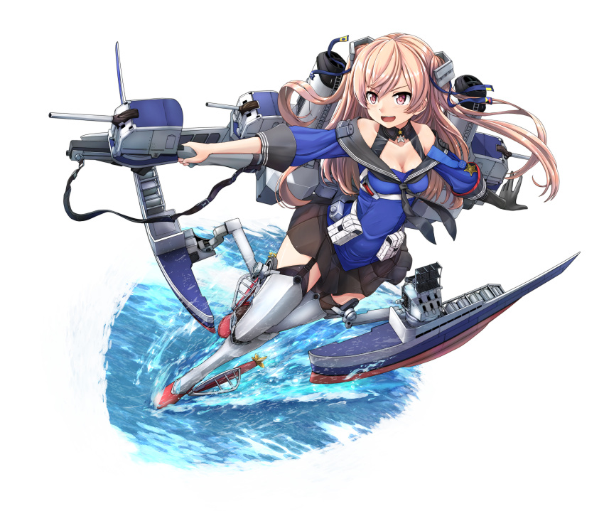 1girl absurdres adapted_turret black_gloves black_legwear black_skirt blue_shirt breasts brown_eyes cannon garter_straps gloves highres johnston_(kantai_collection) kantai_collection light_brown_hair long_hair machinery medium_breasts off-shoulder_shirt off_shoulder pleated_skirt rigging sailor_collar school_uniform shin_guards shirt single_glove skirt smokestack solo standing standing_on_liquid thigh-highs tr-6 turret two_side_up us_medal_of_honor