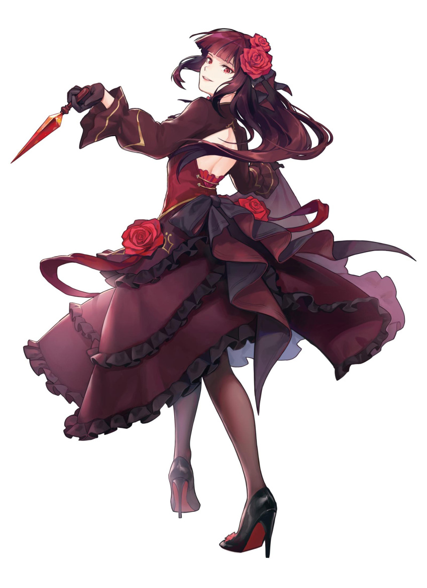 1girl backless_dress backless_outfit bangs black_footwear black_gloves blunt_bangs brown_dress brown_hair brown_legwear corset dress floating_hair flower frilled_dress frills full_body gensou_tairiku_elestoria gloves gothic_lolita hair_flower hair_ornament high_heels highres holding holding_weapon kunai layered_dress lolita_fashion long_hair looking_at_viewer parted_lips pumps red_eyes red_flower red_rose rose simple_background solo standing very_long_hair weapon white_background