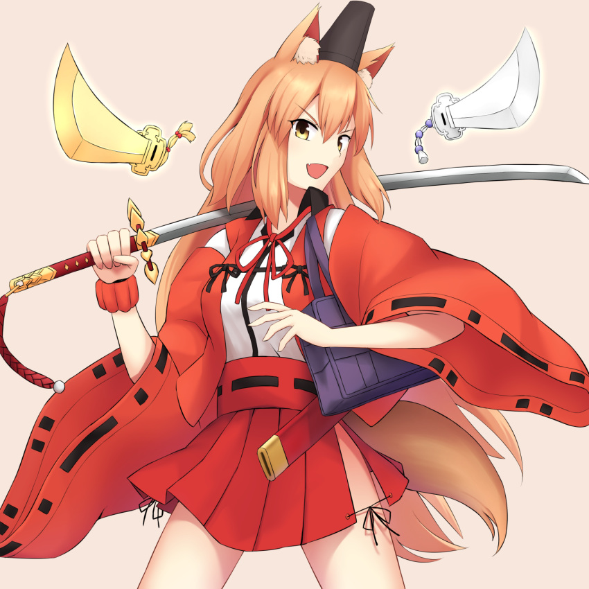 &gt;:d 1girl akahi242 animal_ear_fluff animal_ears blonde_hair cowboy_shot eyebrows_visible_through_hair fate/extra fate/extra_ccc fate/extra_ccc_fox_tail fate_(series) fox_ears fox_tail hair_between_eyes highres holding holding_sword holding_weapon japanese_clothes katana long_hair looking_at_viewer open_mouth pink_background simple_background solo suzuka_gozen_(fate) sword tail weapon yellow_eyes