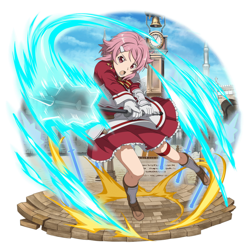 1girl apron boots breastplate brown_footwear clock clock_tower freckles frilled_skirt frills full_body gloves grey_gloves hair_ornament hairclip highres holding holding_weapon knee_boots lisbeth long_sleeves miniskirt neck_ribbon official_art open_mouth outdoors pink_hair red_eyes red_shirt red_skirt ribbon shiny shiny_hair shirt short_hair skirt solo striped striped_ribbon sword_art_online thigh_strap tower transparent_background waist_apron weapon white_apron