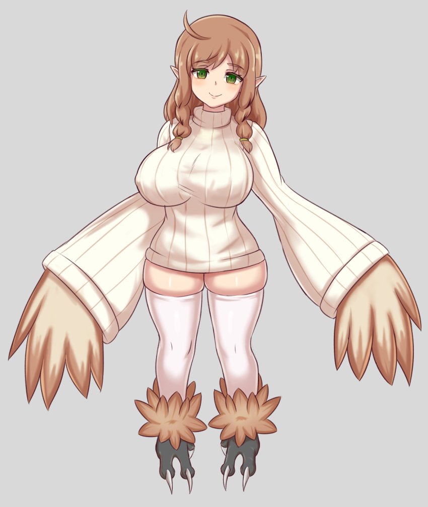 1girl ahoge braid breasts brown_hair commentary eyebrows_visible_through_hair full_body green_eyes grey_background harpy highres impossible_clothes impossible_sweater large_breasts long_hair long_sleeves looking_at_viewer monster_girl nav original outstretched_arms pointy_ears ribbed_sweater simple_background skindentation smile solo spread_arms sweater talons thick_thighs thigh-highs thighs turtleneck turtleneck_sweater twin_braids white_legwear white_sweater wide_sleeves winged_arms