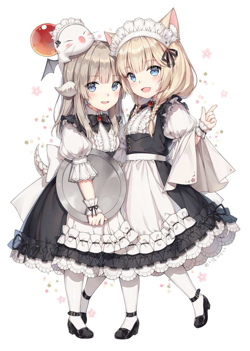 2girls :d animal_ear_fluff animal_ears apron au_ra ayuanlv black_dress black_footwear black_neckwear blonde_hair blue_eyes blush bow bowtie breasts collared_dress dated dragon_horns dragon_tail dress fang final_fantasy final_fantasy_xiv floral_background frills hair_ribbon hand_up highres holding holding_tray horns index_finger_raised kerchief long_hair looking_at_viewer maid maid_apron maid_headdress miqo'te mole mole_under_eye moogle multiple_girls open_mouth parted_lips puffy_short_sleeves puffy_sleeves ribbon shoes short_sleeves side-by-side signature silver_hair small_breasts smile standing tail tray underbust white_apron white_background white_legwear wrist_cuffs