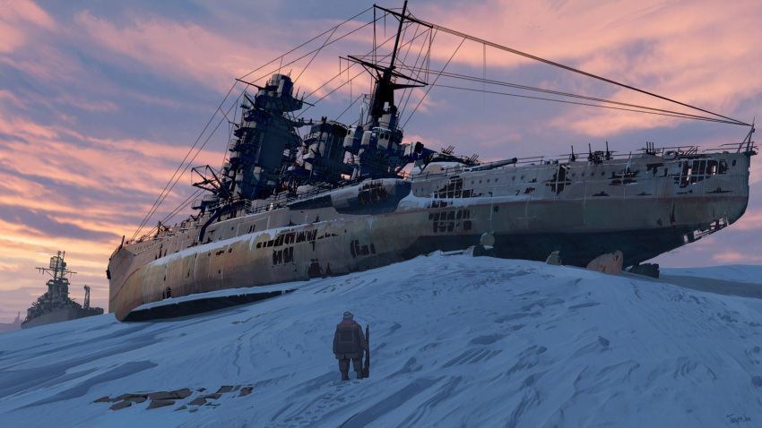backpack bag battleship bolt_action clouds cloudy_sky commentary footprints from_behind grey_hair gun highres ice military military_vehicle original post-apocalypse rifle ruins scarf scenery seo_tatsuya ship sky snow sunset warship watercraft weapon