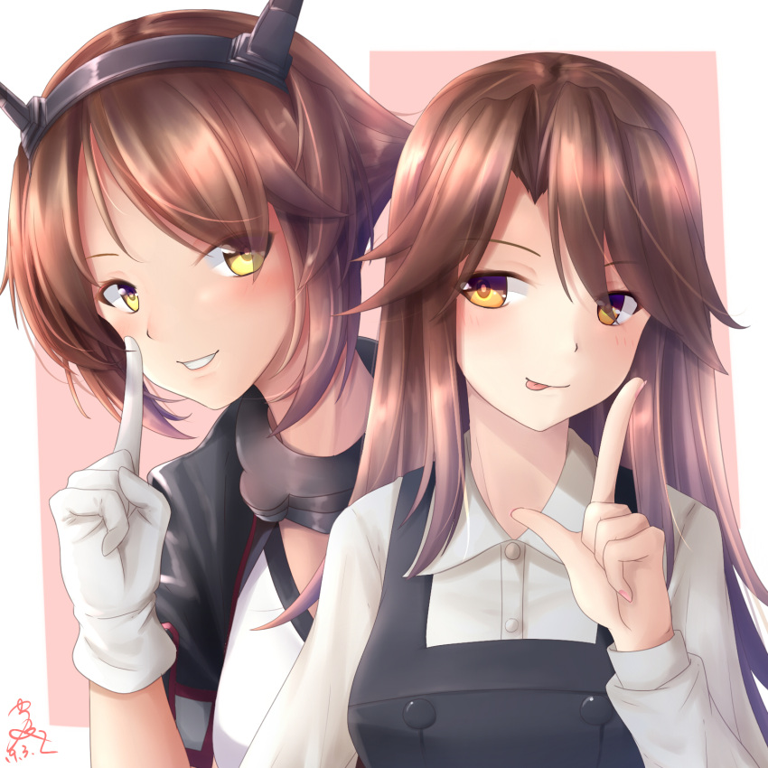 2girls :p arashio_(kantai_collection) black_capelet black_dress black_jacket blush brown_hair capelet collar collared_shirt dated dress eyebrows_visible_through_hair finger_gun flipped_hair gloves headgear highres index_finger_raised jacket kantai_collection long_hair long_sleeves multiple_girls mutsu_(kantai_collection) parted_lips pinafore_dress radio_antenna remodel_(kantai_collection) seiya_(iiseven) shirt short_hair short_sleeves signature sleeveless sleeveless_dress smile tongue tongue_out upper_body white_gloves white_shirt yellow_eyes