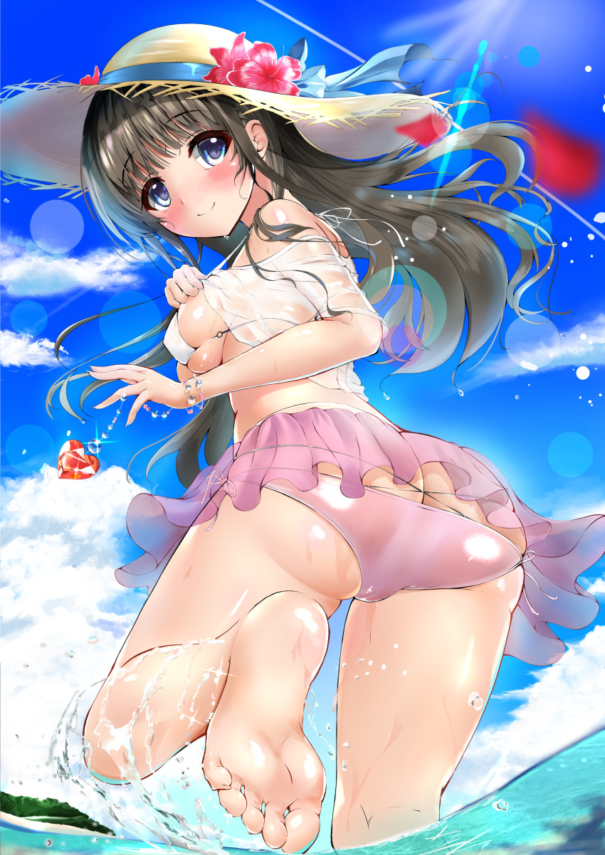 1girl absurdres ass beach bikini blue_eyes blue_sky bracelet breasts brown_hair butt_crack clouds covered_nipples day feet flower from_behind gem hand_on_own_chest hat highres hime_cut jewelry lens_flare looking_back mahiro_(mahiron1062) medium_breasts ocean original outdoors petals pink_bikini_bottom pink_skirt see-through shiny shiny_skin shirt side-tie_bikini sideboob skindentation skirt sky smile solo standing sun_hat swimsuit transparent_skirt water water_drop wet wet_clothes white_bikini_top white_shirt