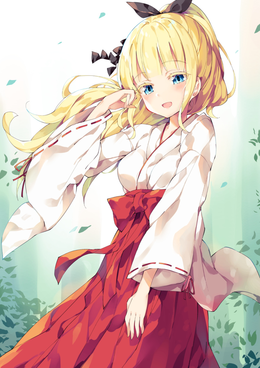 1girl :d black_ribbon blonde_hair blue_eyes blush breasts commentary_request floating_hair hair_ribbon hakama hand_up highres japanese_clothes juliet_persia kimono kishuku_gakkou_no_juliet leaf long_hair long_sleeves looking_at_viewer medium_breasts miko open_mouth ponytail red_hakama red_ribbon ribbon ribbon-trimmed_sleeves ribbon_trim sidelocks smile solo standing unacchi_(nyusankin) white_kimono wide_sleeves