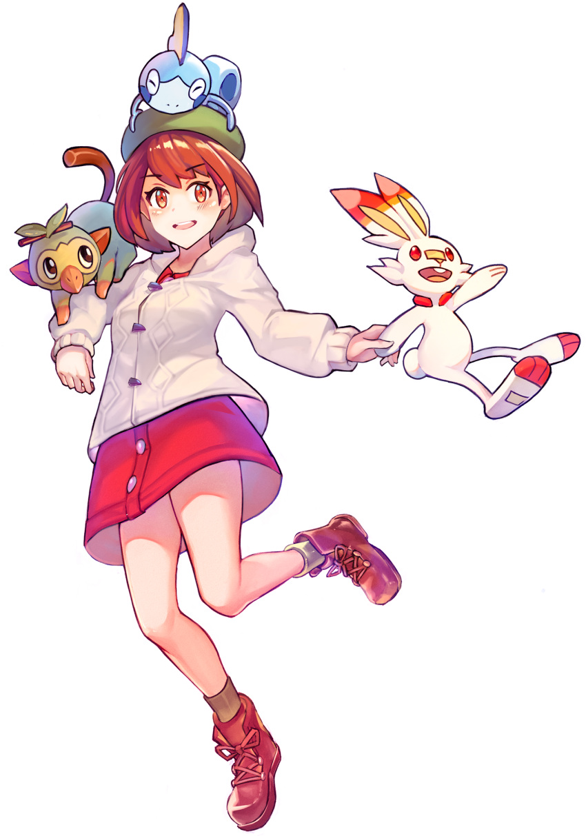 1girl alternate_color animal animal_on_head animal_on_shoulder backpack bag bangs boots brown_eyes brown_footwear brown_hair collared_shirt creatures_(company) dress_shirt eyebrows_visible_through_hair female_protagonist_(pokemon_swsh) full_body game_freak gen_8_pokemon green_hat grookey hat highres long_sleeves looking_at_viewer nintendo olegna_zueqram on_head open_mouth pokemon pokemon_(creature) pokemon_(game) pokemon_swsh red_shirt scorbunny shirt short_hair simple_background smile sobble solo sweater tam_o'_shanter white_background white_sweater