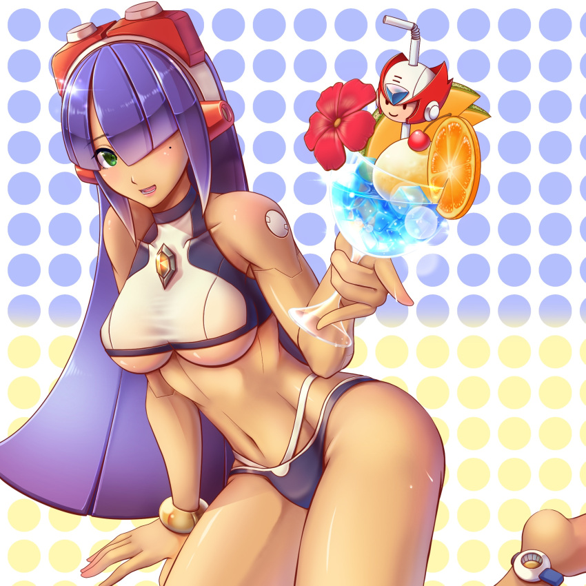 1girl android bangs bikini black_bikini_bottom bracelet breasts capcom cocktail commentary_request cup dark_skin drinking_glass drinking_straw glass green_eyes hair_over_one_eye headgear highres holding holding_cup imo_konn_nyaku jewelry large_breasts layer leaning_forward long_hair mole open_mouth polka_dot polka_dot_background purple_hair robot_ears robot_joints rockman rockman_x smile solo swimsuit under_boob wine_glass zero_(rockman)