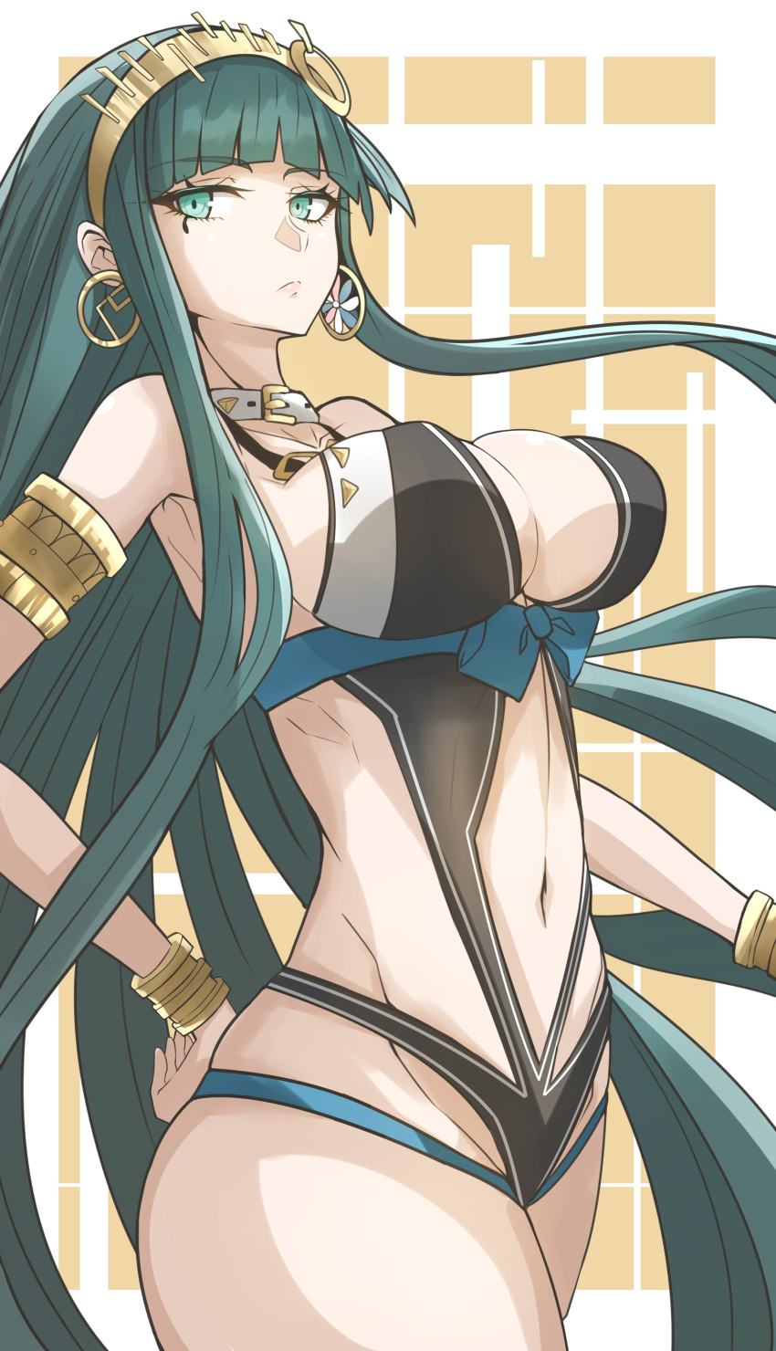 1girl absurdres bracelet breasts cleopatra_(fate/grand_order) collar cowboy_shot earrings fate/grand_order fate_(series) gin_moku green_eyes green_hair hairband highres jewelry large_breasts long_hair looking_to_the_side navel swimsuit