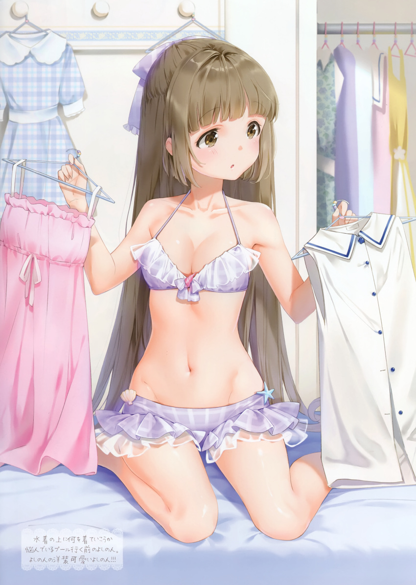 1girl absurdres bangs bed_sheet blunt_bangs blush bra breasts brown_eyes brown_hair cleavage collarbone dress dress_removed dress_shirt eyebrows_visible_through_hair frilled_bra frills hair_ribbon highres idolmaster idolmaster_cinderella_girls indoors kneeling long_hair navel panties parted_lips pink_dress purple_bra purple_panties purple_ribbon ribbon shirt shirt_removed short_dress sleeveless sleeveless_dress sleeveless_shirt small_breasts solo underwear underwear_only very_long_hair white_shirt yorita_yoshino yukimochi_kinako