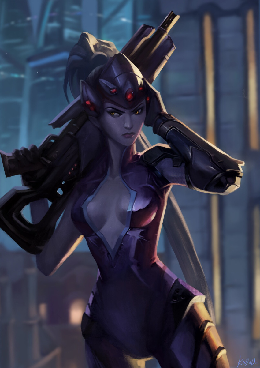1girl artist_name backlighting bodysuit breasts building center_opening commentary commentary_request cowboy_shot eyeliner facing_viewer gun hair_pulled_back hand_on_headwear head_mounted_display highres holding holding_gun holding_weapon kuyau lipstick long_hair makeup medium_breasts night nose outdoors overwatch pauldrons pink_bodysuit ponytail purple_hair purple_lips purple_lipstick purple_skin rifle shiny shiny_clothes short_sleeves sideways_glance signature skyscraper sniper_rifle solo spider_tattoo tattoo very_long_hair visor weapon widowmaker_(overwatch) yellow_eyes