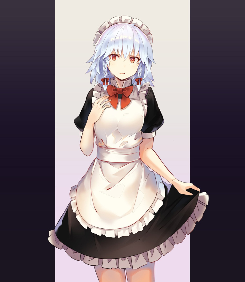 1girl apron bangs black_background black_dress bow bowtie braid breasts commentary_request cowboy_shot dress eyebrows_visible_through_hair frilled_apron frills gradient gradient_background grey_background hair_between_eyes hair_bow hand_on_own_chest hand_up highres izayoi_sakuya looking_at_viewer maid maid_apron maid_headdress medium_breasts parted_lips petticoat pink_background puffy_short_sleeves puffy_sleeves red_bow red_eyes red_neckwear rin_falcon short_hair short_sleeves silver_hair skirt_hold smile solo standing touhou twin_braids two-tone_background white_apron