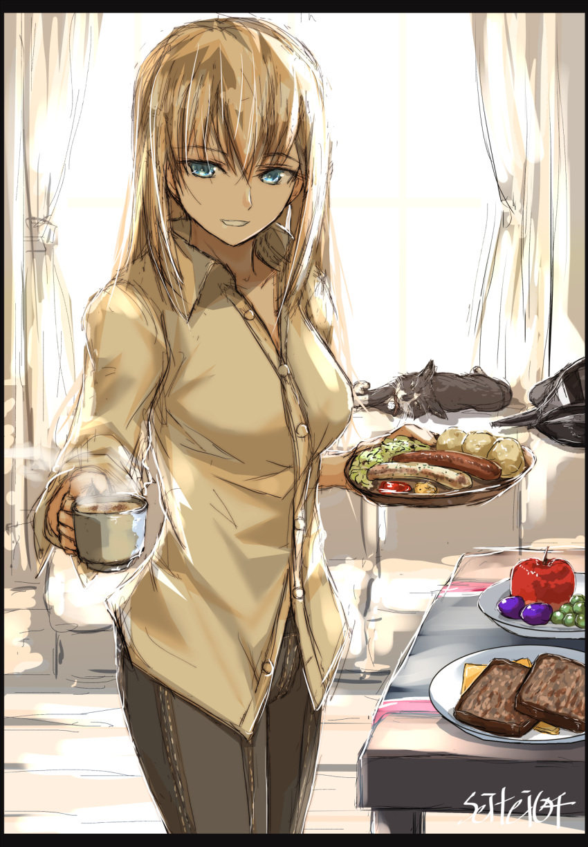 1girl animal artist_name bismarck_(kantai_collection) blonde_hair blue_eyes breasts casual cat coffee commentary_request cup denim food fruit grin hat hat_removed headwear_removed highres holding holding_cup jeans kantai_collection long_hair looking_at_viewer medium_breasts military_hat pants peaked_cap seitei_(04seitei) shirt sketch smile solo standing unsinkable_sam