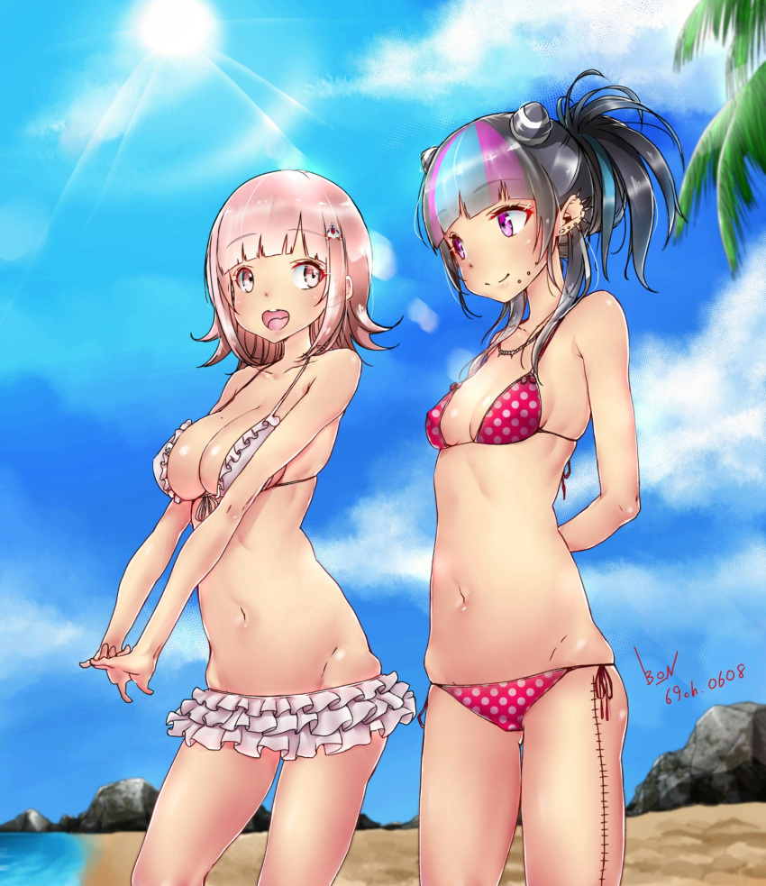 2girls alternate_hairstyle arms_behind_back bangs beach beige_bikini bikini bikini_skirt black_hair blue_hair blush breasts clouds cloudy_sky collarbone dangan_ronpa dated day dot_nose ear_piercing earrings eyebrows_visible_through_hair flipped_hair frills from_side hair_ornament happy highres horns jewelry large_breasts looking_at_another mioda_69ch mioda_ibuki mole mole_on_breast multicolored_hair multiple_girls nanami_chiaki navel necklace palm_tree piercing pink_bikini pink_eyes pink_hair rock sand scar short_hair signature sky small_breasts smile standing stitches sun sunlight super_dangan_ronpa_2 swimsuit tree water white_hair