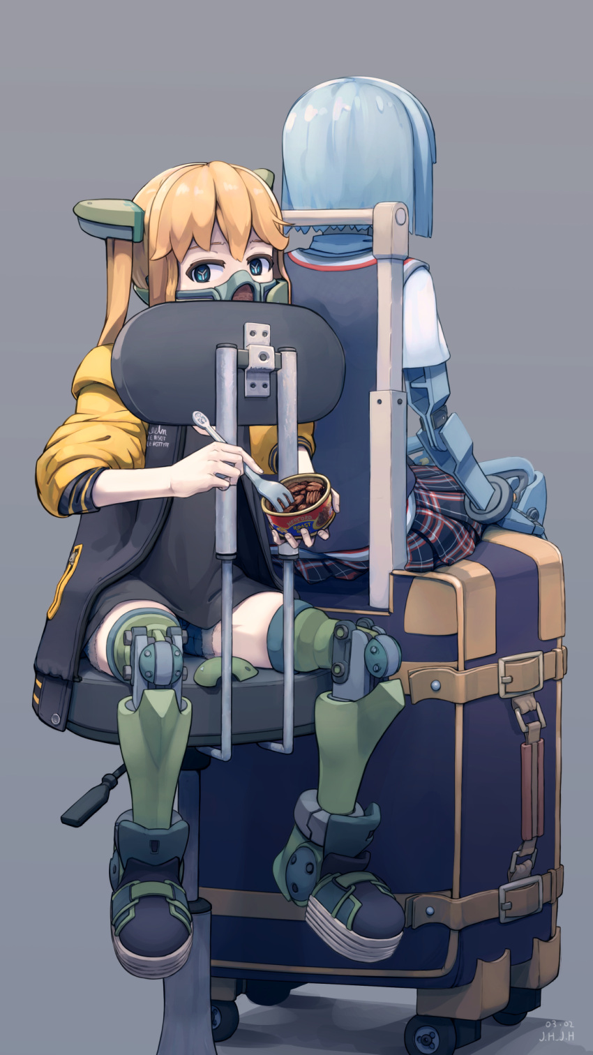 2girls amputee aqua_eyes blonde_hair blue_hair chair chinese_commentary commentary_request cyborg facing_away food fork highres holding j.h_j.h long_hair mask mechanical_arm mechanical_legs multiple_girls office_chair original short_hair short_shorts shorts simple_background sitting suitcase symbol-shaped_pupils tin_can twintails