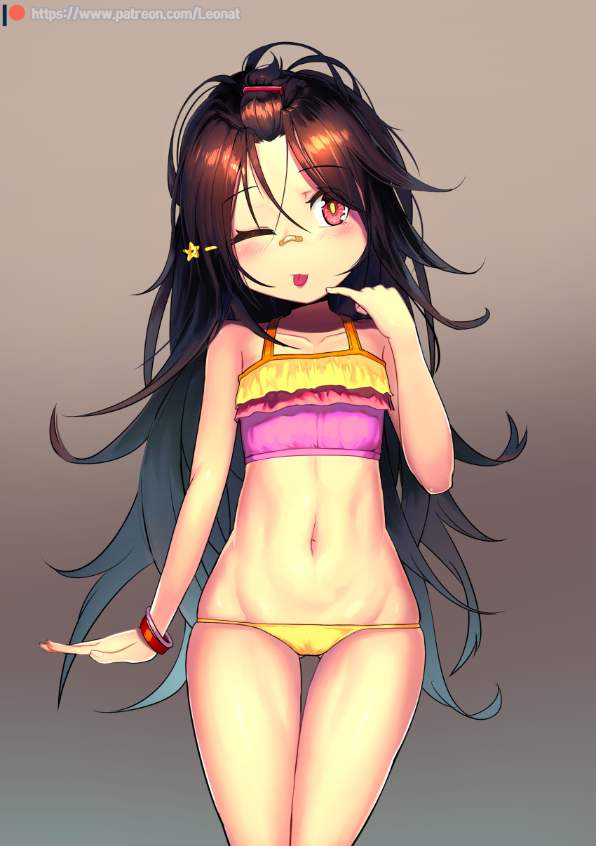 1girl ;p absurdres ass_visible_through_thighs bandaid bandaid_on_nose bare_arms bare_shoulders bikini black_hair blue_hair blush brown_background c-ms_(girls_frontline) collarbone commentary_request fingernails girls_frontline gradient gradient_background gradient_hair hair_ornament hand_up head_tilt highres korean_commentary leonat long_hair mismatched_bikini multicolored_hair navel one_eye_closed pink_bikini_top red_eyes redhead solo swimsuit thigh_gap tongue tongue_out very_long_hair watermark web_address yellow_bikini_bottom