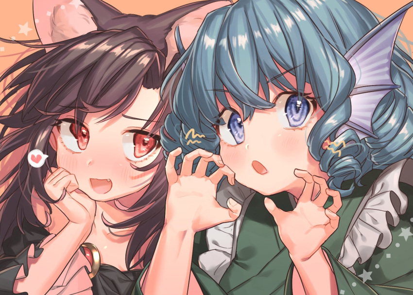 2girls :d animal_ear_fluff animal_ears bangs bare_shoulders blue_eyes blue_hair blush brooch brown_hair claw_pose collarbone commentary_request dress drill_hair drill_locks eyebrows_visible_through_hair fang green_kimono hand_on_own_chin hand_up hands_up head_fins heart highres imaizumi_kagerou japanese_clothes jewelry kimono long_hair long_sleeves looking_at_another looking_at_viewer masanaga_(tsukasa) multiple_girls off-shoulder_dress off_shoulder open_mouth orange_background portrait red_eyes short_hair simple_background smile spoken_heart star touhou v-shaped_eyebrows wakasagihime wide_sleeves wolf_ears