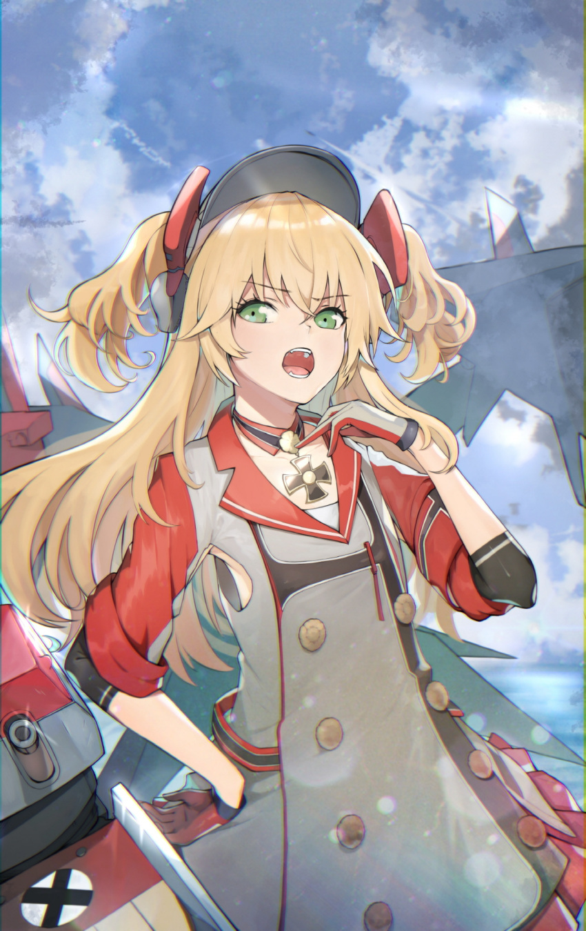 1girl admiral_hipper_(azur_lane) armpit_cutout armpits azur_lane blonde_hair buttons clouds collarbone dress fang gloves green_eyes hair_ornament hand_on_hip hat highres iron_cross long_hair open_mouth rigging sharpheon sky sleeves_rolled_up two_side_up visor_cap