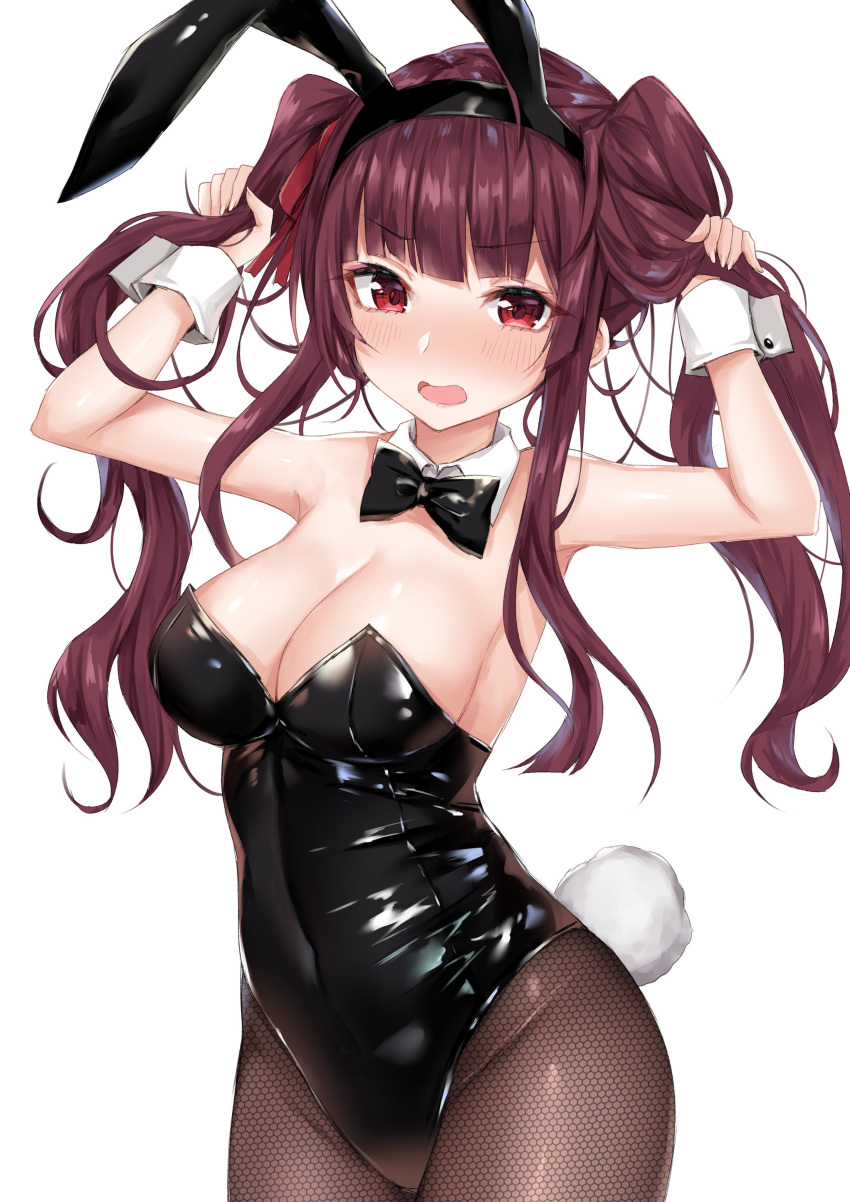 1girl absurdres animal_ears bangs bare_shoulders black_legwear black_leotard blush bow bowtie breasts bunny_tail bunnysuit cleavage coffeedog cowboy_shot detached_collar eyebrows_visible_through_hair fake_animal_ears girls_frontline groin hair_ribbon half_updo highres holding holding_hair large_breasts leotard long_hair looking_at_viewer one_side_up open_mouth pantyhose purple_hair rabbit_ears red_eyes ribbon shiny shiny_skin simple_background solo tail tsurime very_long_hair wa2000_(girls_frontline) wrist_cuffs