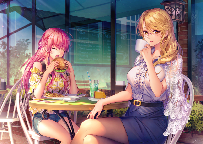 2girls ^_^ ^o^ ahoge bare_shoulders belt black_belt blonde_hair blue_skirt breasts closed_eyes closed_eyes commentary_request cup denim denim_shorts eating eyebrows_visible_through_hair food fries glasses hamburger holding holding_cup holding_food large_breasts long_hair looking_at_viewer milcho mole mole_under_eye multiple_girls off-shoulder_shirt off_shoulder original outdoors pink_hair shirt shoal shorts sitting skirt sleeveless sleeveless_shirt soda yellow_eyes