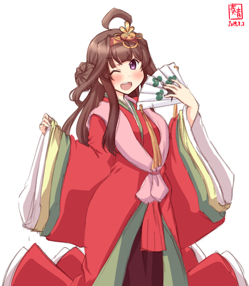 1girl alternate_costume artist_logo blush brown_hair cowboy_shot crown dated double_bun eyebrows_visible_through_hair fan folding_fan hair_between_eyes hair_ornament highres japanese_clothes kanon_(kurogane_knights) kantai_collection kimono kongou_(kantai_collection) long_hair long_sleeves looking_at_viewer obi one_eye_closed open_mouth saishi sash signature simple_background smile solo violet_eyes white_background wide_sleeves