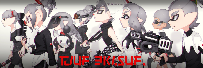 .52_gal_(splatoon) 3girls 5boys afro bangs black_coat black_pants black_shirt blunt_bangs closed_mouth collared_shirt domik domino_mask dress_shirt from_side frown goggles grey_background grey_eyes hair_ornament hair_pulled_back hairclip highres holding holding_weapon hooded_coat inkling inkling_(language) l-3_nozzlenose_(splatoon) layered_clothing leggings logo long_hair long_sleeves luna_blaster_(splatoon) makeup mascara mask multiple_boys multiple_girls octoling pants pointy_ears rapid_blaster_(splatoon) scrunchie shirt short_hair short_over_long_sleeves short_sleeves shorts single_vertical_stripe ski_goggles sleeveless smile splat_brella_(splatoon) splat_charger_(splatoon) splat_dualies_(splatoon) splatoon splatoon_(series) splatoon_2 splattershot_(splatoon) standing suction_cups topknot turtleneck visor weapon white_shirt wing_collar