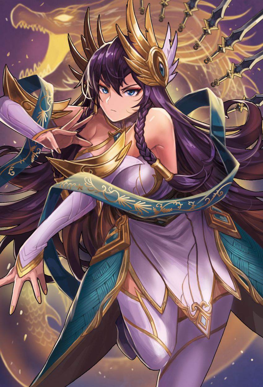 1girl alternate_costume bare_shoulders blue_eyes breasts detached_sleeves drogod fighting_stance floating_swords highres irelia large_breasts league_of_legends looking_at_viewer purple_hair tagme thigh-highs zettai_ryouiki