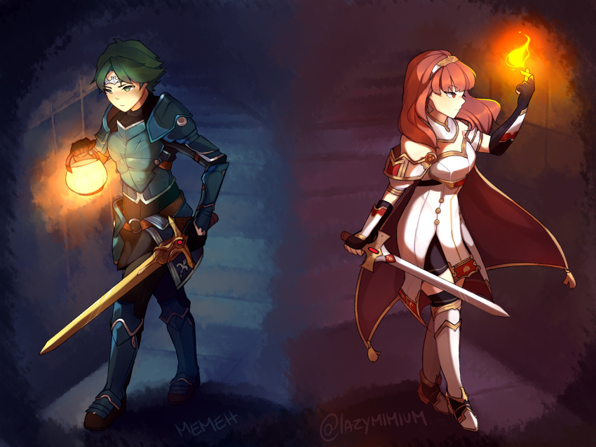 1boy 1girl absurdres alm_(fire_emblem) armor artist_name black_gloves cape celica_(fire_emblem) circlet closed_mouth detached_collar dress fingerless_gloves fire fire_emblem fire_emblem_echoes:_mou_hitori_no_eiyuuou flame gloves green_eyes green_hair hairband highres holding holding_sword holding_weapon lazymimium long_hair nintendo red_eyes redhead short_hair stairs sword twitter_username weapon