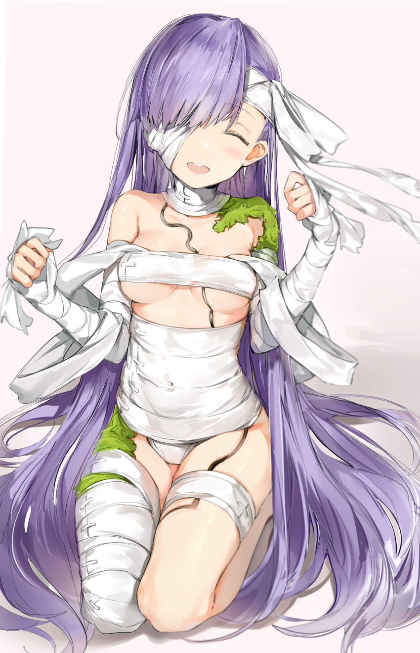 1girl ^_^ absurdres bandage bandage_over_one_eye bandaged_arm bandaged_head bandaged_leg bandages bangs blush breasts brown_background closed_eyes closed_eyes commentary_request eyebrows_visible_through_hair facing_viewer fate/grand_order fate_(series) full_body hair_over_one_eye hands_up head_tilt highres kingprotea long_hair medium_breasts moss purple_hair seiza silver_(chenwen) sitting solo very_long_hair