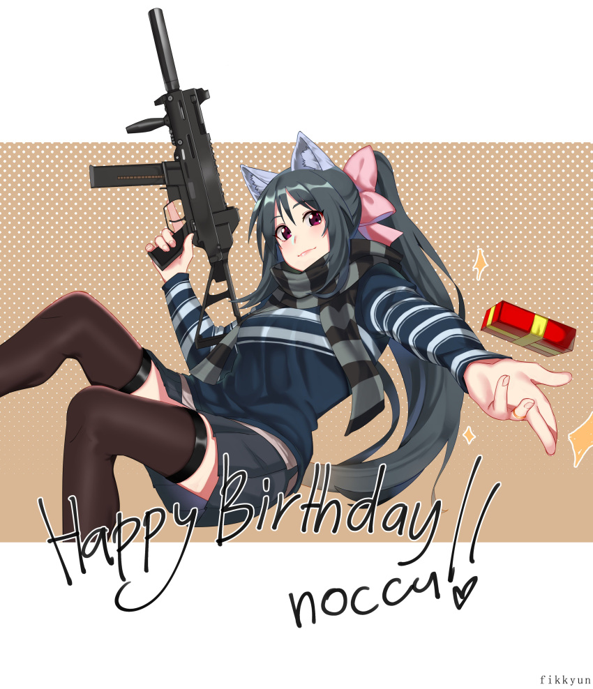 1girl absurdres animal_ears artist_name black_hair black_legwear black_skirt bow breasts cat_ears closed_mouth commentary commission cosplay english_commentary fikkyun gift girls_frontline gun hair_bow happy_birthday highres holding holding_gun holding_weapon jewelry large_breasts long_hair looking_at_viewer miniskirt noihara_himari omamori_himari pink_bow pleated_skirt ponytail ring scarf skirt smile solo striped striped_scarf striped_sweater sweater thigh-highs ump45_(girls_frontline) ump45_(girls_frontline)_(cosplay) very_long_hair violet_eyes weapon wedding_band zettai_ryouiki