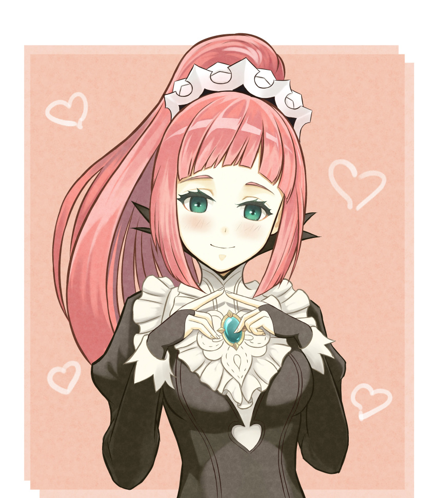 1girl absurdres blue_eyes blush bridal_gauntlets closed_mouth commission dakkalot felicia_(fire_emblem_if) fire_emblem fire_emblem_if gem highres juliet_sleeves long_hair long_sleeves maid maid_headdress nintendo pink_hair ponytail puffy_sleeves simple_background smile solo upper_body