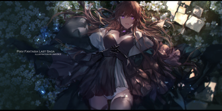 1girl :d artist_name bangs bare_shoulders brown_coat brown_dress brown_gloves brown_hair choker coat dress field flower flower_field fur-trimmed_coat fur_trim gloves hands_together highres light_particles long_hair looking_at_viewer lying on_back open_clothes open_coat open_mouth original outdoors panties pixiv_fantasia_last_saga shade sidelocks smile solo strapless strapless_dress sunlight swd3e2 underwear very_long_hair violet_eyes white_flower white_panties