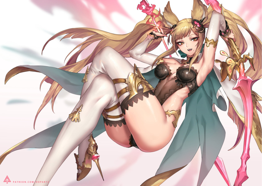 1girl animal_ears armpits arms_up ass bangs blonde_hair bracelet breasts breasts_apart brown_eyes cape detached_collar detached_sleeves dual_wielding erune granblue_fantasy hair_ornament highres holding holding_sword holding_weapon jewelry legs_crossed leotard long_hair looking_to_the_side medium_breasts metera_(granblue_fantasy) mole mole_under_mouth oopartz_yang open_mouth patreon_username solo strapless swept_bangs sword thigh-highs twintails watermark weapon web_address white_legwear