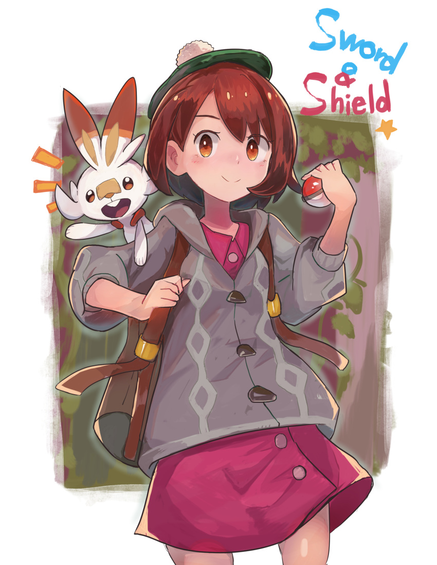 1girl absurdres backpack bag bangs brown_eyes brown_hair closed_mouth collared_shirt copyright_name creatures_(company) dress_shirt female_protagonist_(pokemon_swsh) game_freak gen_8_pokemon green_hat grey_sweater hat highres holding holding_poke_ball hood hooded_sweater long_sleeves looking_at_viewer miniskirt nintendo open_mouth poke_ball pokemon pokemon_(creature) pokemon_(game) pokemon_swsh purple_shirt purple_skirt scorbunny shirt short_hair skirt smile solo sweater tam_o'_shanter tokage_(ragou_boss)