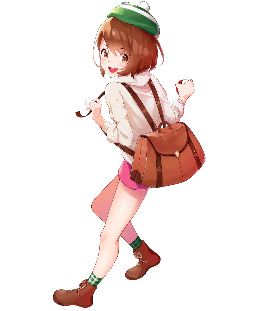 1girl :d absurdres arjent backpack bag bangs brown_eyes brown_footwear brown_hair creatures_(company) eyebrows_visible_through_hair female_protagonist_(pokemon_swsh) full_body game_freak green_hat hat highres hood hooded_sweater legs long_sleeves looking_at_viewer looking_back miniskirt nintendo open_mouth pink_skirt plaid plaid_legwear pokemon pokemon_(game) pokemon_swsh short_hair simple_background skirt smile solo sweater tam_o'_shanter white_sweater