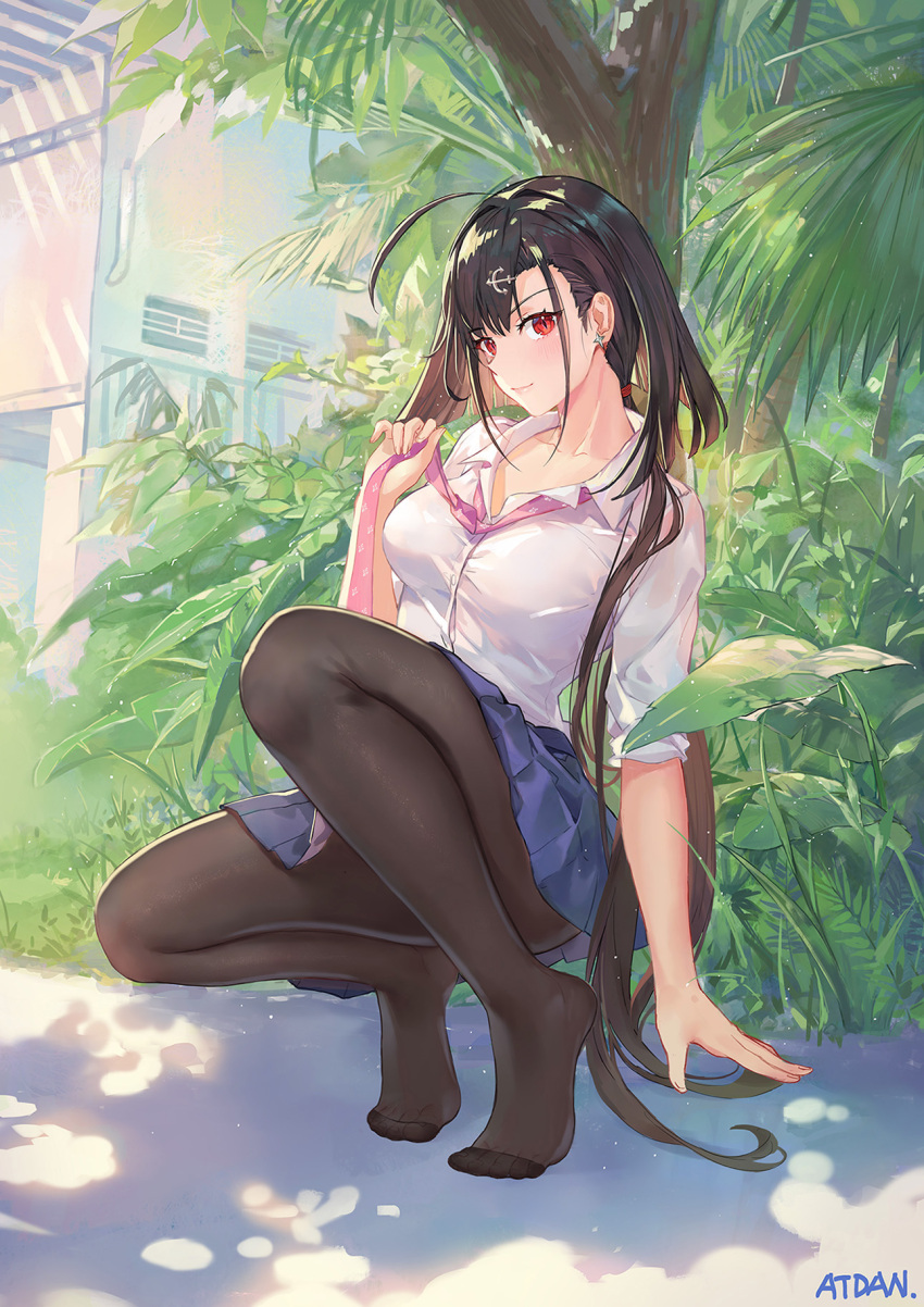 1girl ahoge anchor_hair_ornament artist_name atdan azur_lane black_hair black_legwear blue_skirt blush breasts closed_mouth collarbone collared_shirt commentary_request convenient_leg day earrings fine_fabric_emphasis full_body hair_ornament hand_up highres independence_(azur_lane) jewelry large_breasts light_particles long_hair looking_at_viewer miniskirt nature no_shoes outdoors pantyhose pink_neckwear pleated_skirt red_eyes revision shirt skirt sleeves_pushed_up slit_pupils smile solo squatting tree tree_shade very_long_hair white_shirt