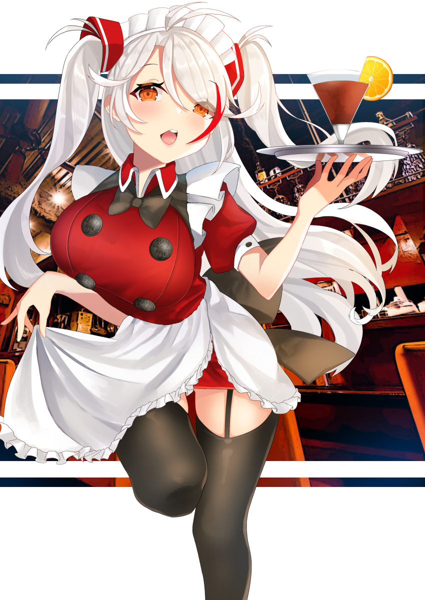 1girl absurdres alternate_costume antenna_hair apron azur_lane bangs black_legwear blush bow breasts brown_eyes dress enmaided eyebrows_visible_through_hair eyes_visible_through_hair frills garter_straps hair_between_eyes highres holding holding_tray large_breasts leg_up long_hair looking_at_viewer maid maid_headdress multicolored_hair outside_border prinz_eugen_(azur_lane) puffy_short_sleeves puffy_sleeves red_dress redhead ribbon sanba_tsui short_sleeves silver_hair smile solo streaked_hair thigh-highs tray two_side_up very_long_hair