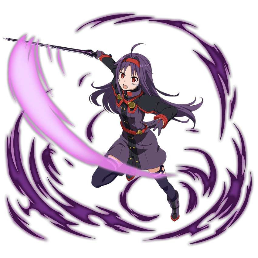 1girl :d ahoge augma belt blue_legwear boots dress floating_hair gloves hairband highres holding holding_sword holding_weapon leg_up long_hair looking_at_viewer official_art open_mouth outstretched_arm purple_dress purple_footwear purple_gloves purple_hair red_eyes red_hairband short_dress smile solo sword sword_art_online thigh-highs transparent_background very_long_hair weapon yuuki_(sao)
