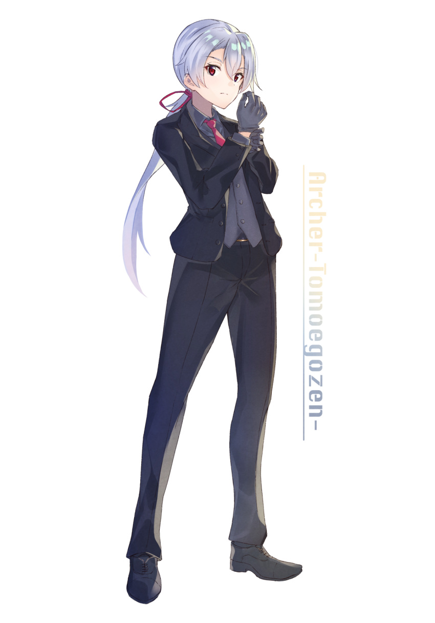 1girl adjusting_clothes adjusting_gloves black_footwear black_gloves black_suit character_name commentary_request crossdressinging fate/grand_order fate_(series) formal frown gloves hair_between_eyes hair_ribbon highres long_hair low_ponytail necktie red_eyes red_neckwear red_ribbon reverse_trap ribbon silver_hair simple_background solo suit tapioka_(oekakitapioka) tomoe_gozen_(fate/grand_order) white_background