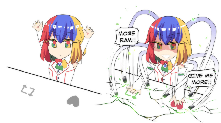 1girl bangs blonde_hair blue_hair bongo_cat bridal_gauntlets comic detached_sleeves english_text eyebrows_visible_through_hair eyelashes google_chrome green_eyes green_hair hands_up heart highres hinghoi jewelry medium_hair meme multicolored multicolored_eyes multicolored_hair no_nose personification red_eyes redhead ring shaded_face smile speech_bubble truth twitter upper_body white_background yellow_eyes