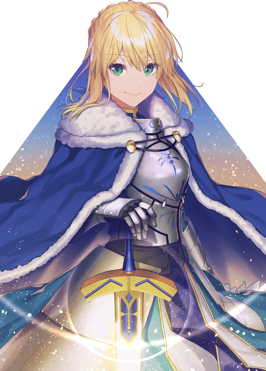 1girl ahoge armor armored_dress artoria_pendragon_(all) bangs blonde_hair blue_cloak blue_dress blue_ribbon braid cloak closed_mouth commentary_request dress excalibur eyebrows_visible_through_hair fate/stay_night fate_(series) faulds fur-trimmed_cloak fur_trim gauntlets glowing glowing_sword glowing_weapon green_eyes hair_between_eyes hair_ribbon hand_on_hilt highres light_particles lip-mil looking_at_viewer medium_hair ribbon saber shiny shiny_hair smile solo standing weapon white_background