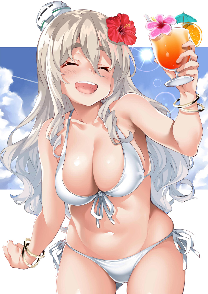 1girl absurdres alternate_costume ass_visible_through_thighs bare_shoulders bikini blue_sky blush bracelet breasts cleavage closed_eyes clouds cocktail cup day drink drinking_glass ebifurya eyebrows_visible_through_hair fantia_reward flower food front-tie_bikini front-tie_top fruit grey_hair hair_between_eyes hair_flower hair_ornament highres jewelry kantai_collection large_breasts long_hair navel open_mouth orange orange_slice paid_reward pola_(kantai_collection) sky smile solo sun swimsuit thick_eyebrows white_bikini wine_glass