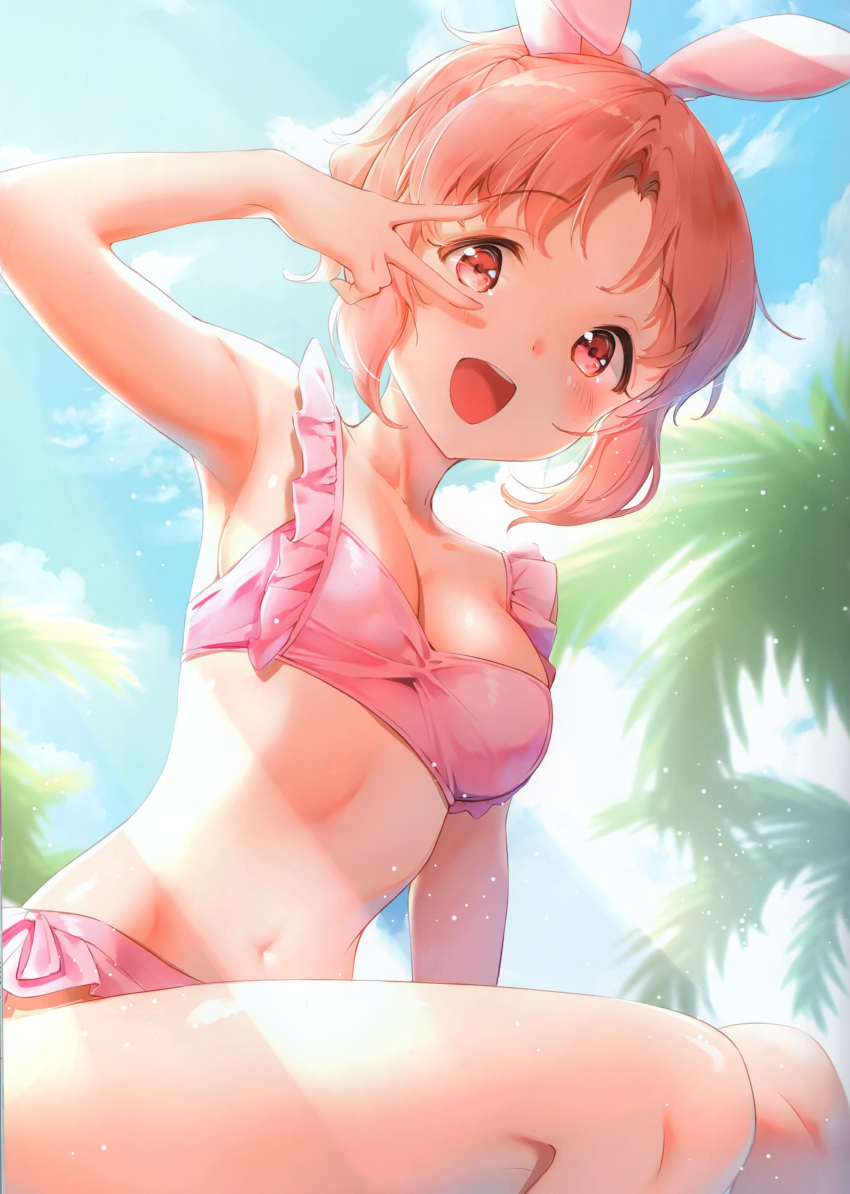 1girl :d abe_nana absurdres animal_ears armpits bikini blue_sky blush breasts cleavage clouds collarbone day eyebrows_visible_through_hair from_below groin highres idolmaster idolmaster_cinderella_girls looking_at_viewer navel open_mouth outdoors pink_bikini pink_hair ponytail rabbit_ears red_eyes shiny shiny_skin short_hair sideboob sitting sky small_breasts smile solo sunlight swimsuit v_over_eye yukimochi_kinako