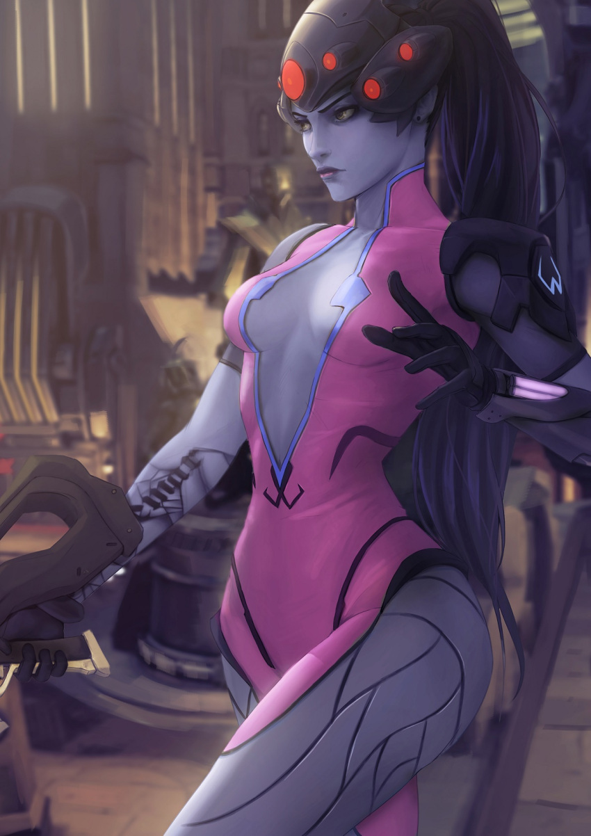 1girl bebipawdah black_gloves bodysuit breasts center_opening cowboy_shot earrings gloves gun hair_pulled_back head_mounted_display highres holding holding_gun holding_weapon jewelry lipstick long_hair looking_away makeup nose overwatch pauldrons pink_bodysuit ponytail purple_hair purple_lips purple_lipstick purple_skin rifle small_breasts sniper_rifle solo spider_tattoo stud_earrings tattoo very_long_hair visor weapon widowmaker_(overwatch) yellow_eyes