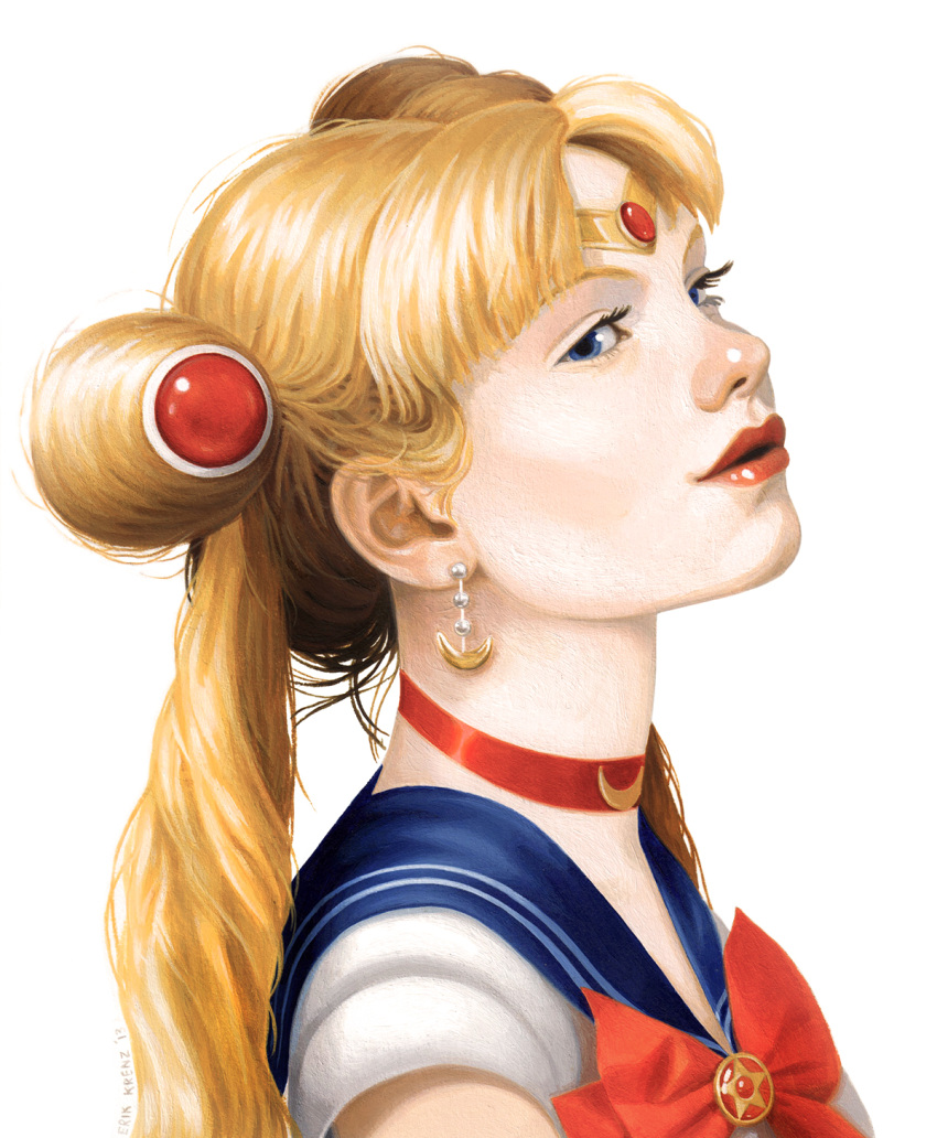 1girl acrylic_paint_(medium) bangs bishoujo_senshi_sailor_moon blonde_hair blue_eyes blue_sailor_collar bow choker circlet commentary crescent crescent_choker crescent_earrings double_bun earrings english_commentary erik_krenz from_side hair_ornament highres jewelry long_hair looking_at_viewer magical_girl parted_bangs parted_lips portrait realistic red_bow red_choker sailor_collar sailor_moon sailor_senshi_uniform simple_background solo traditional_media tsukino_usagi twintails white_background